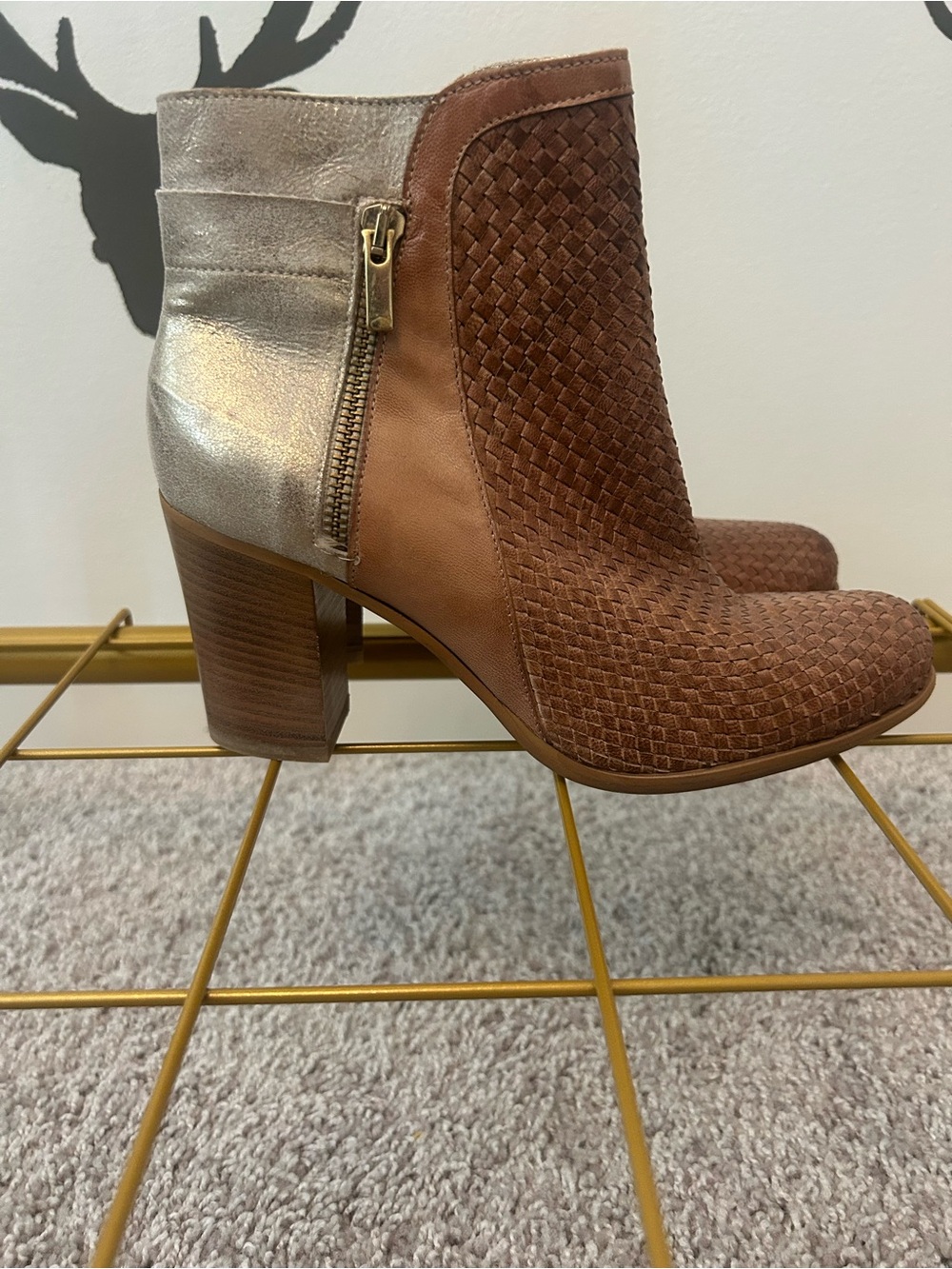 Woven Leather Block Heel Ankle Boots - Brown & Metallic Size 38 / 8